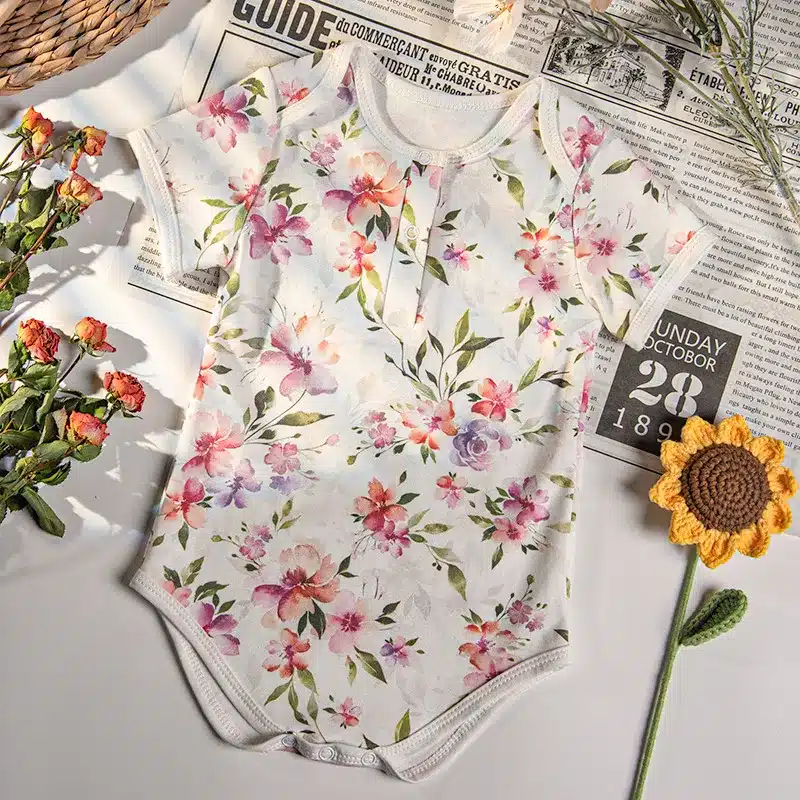 Newborn baby girl wearing floral bodysuit onesie