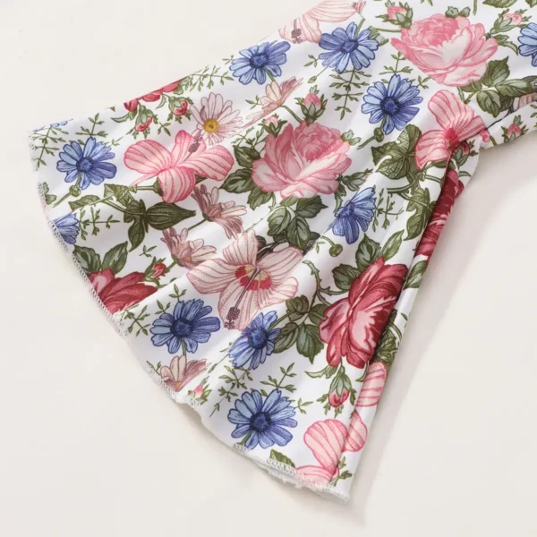 G025 Toddler Girl’s 2 Piece Outfit – Floral Print Graphic Short Sleeve Tee and Flare Pants Set