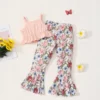 G025 Toddler Girl’s 2 Piece Outfit – Floral Print Graphic Short Sleeve Tee and Flare Pants Set