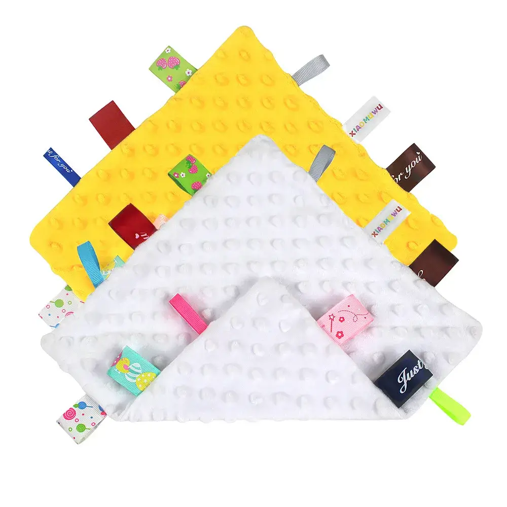 10 pack baby tag blanket set showing multiple soft colorful sensory blankets