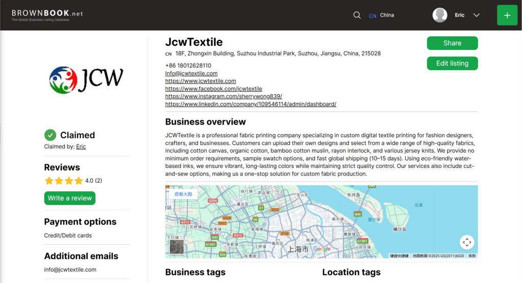 JCW Textile profile on Brownbook directory