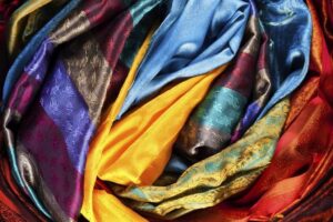 printed silk fabric samples in multiple colors