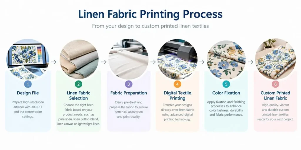 Linen fabric printing process from design preparation to finished custom printed linen textile