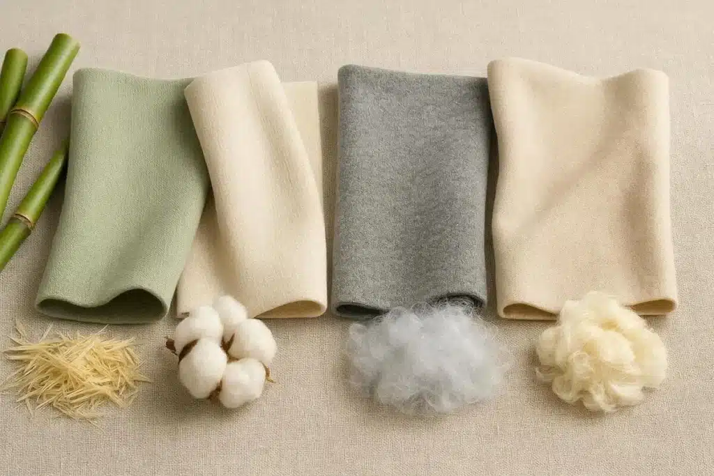 Bamboo cotton blend fabric samples showing different knit textures and weights