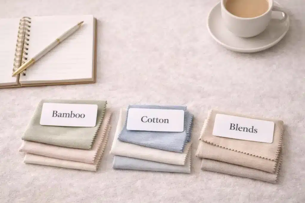 Fabric buyer comparing bamboo cotton swatches, fabric weight and material specifications