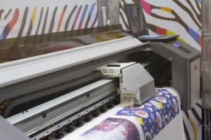 Digital printing on fabric process showing inkjet technology applied to textiles