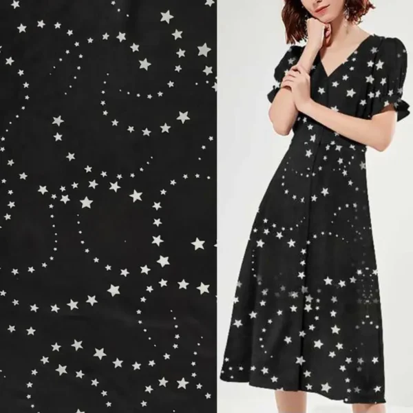 viscose-rayon-fuli-crepe-dress Elegant dress made from Viscose Rayon Fuli Crepe fabric, showing smooth texture and drape