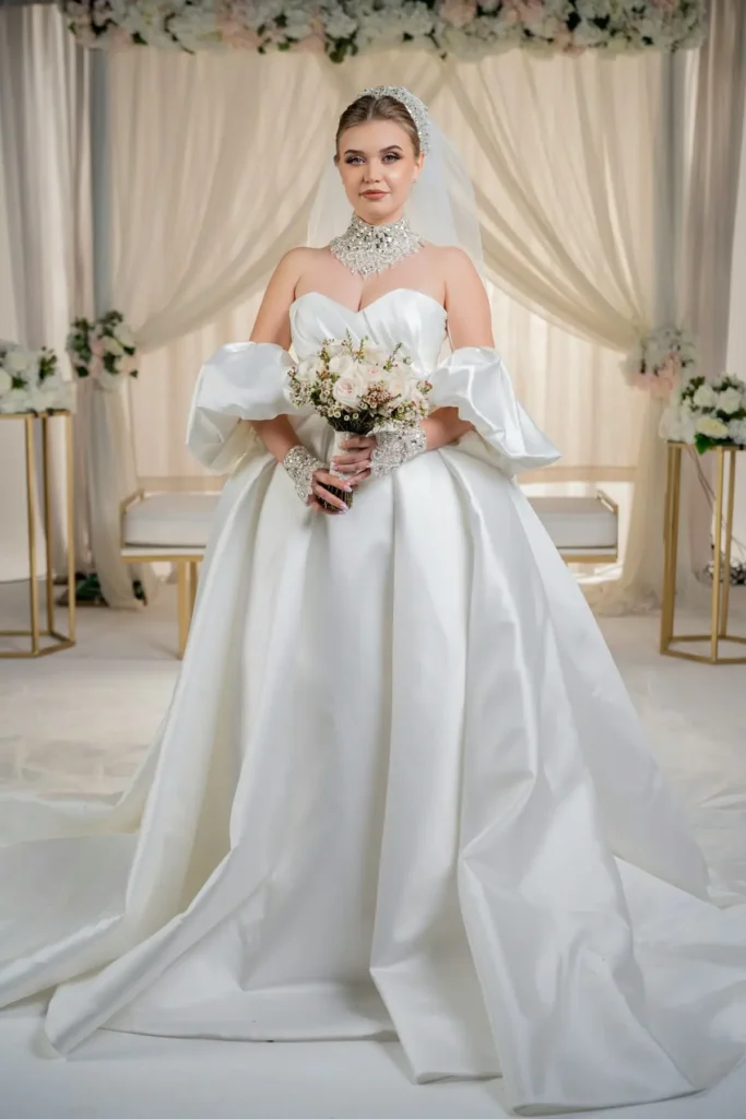 Elegant bridal gown made with white duchess satin fabric