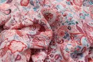 Printed linen fabric texture close-up showing natural flax fibers and weave detail