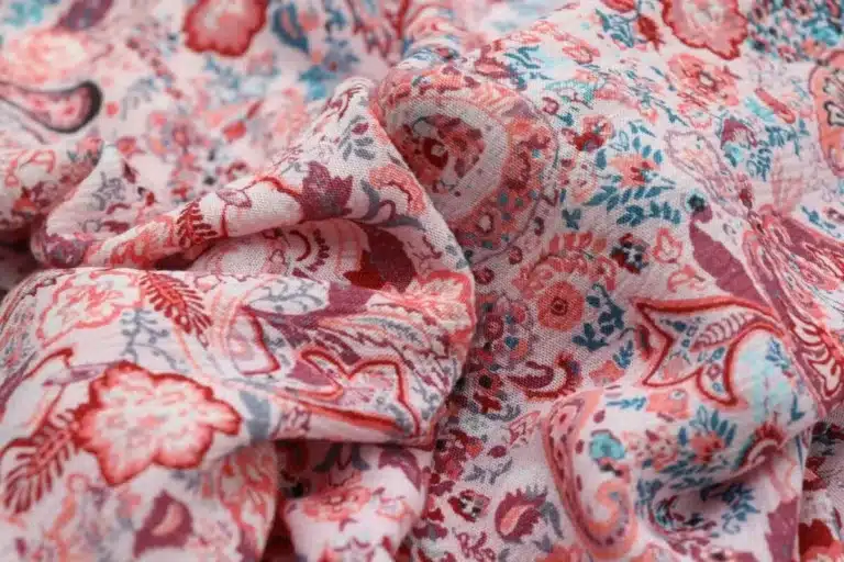 Printed linen fabric texture close-up showing natural flax fibers and weave detail