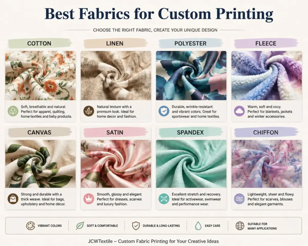 Best fabrics for custom printing including cotton linen polyester fleece and spandex textiles