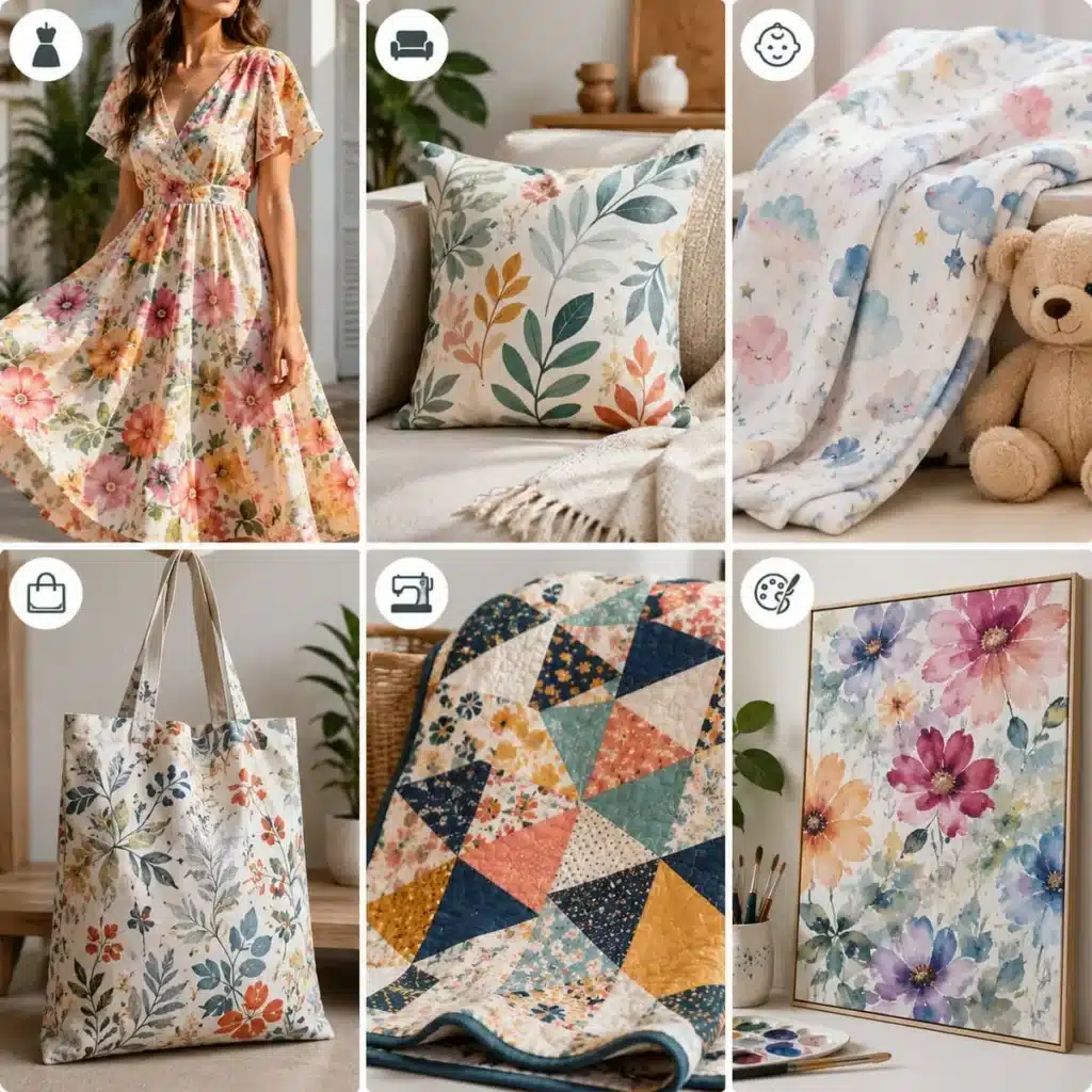 Custom printed fabric applications for fashion home decor baby products bags and quilting