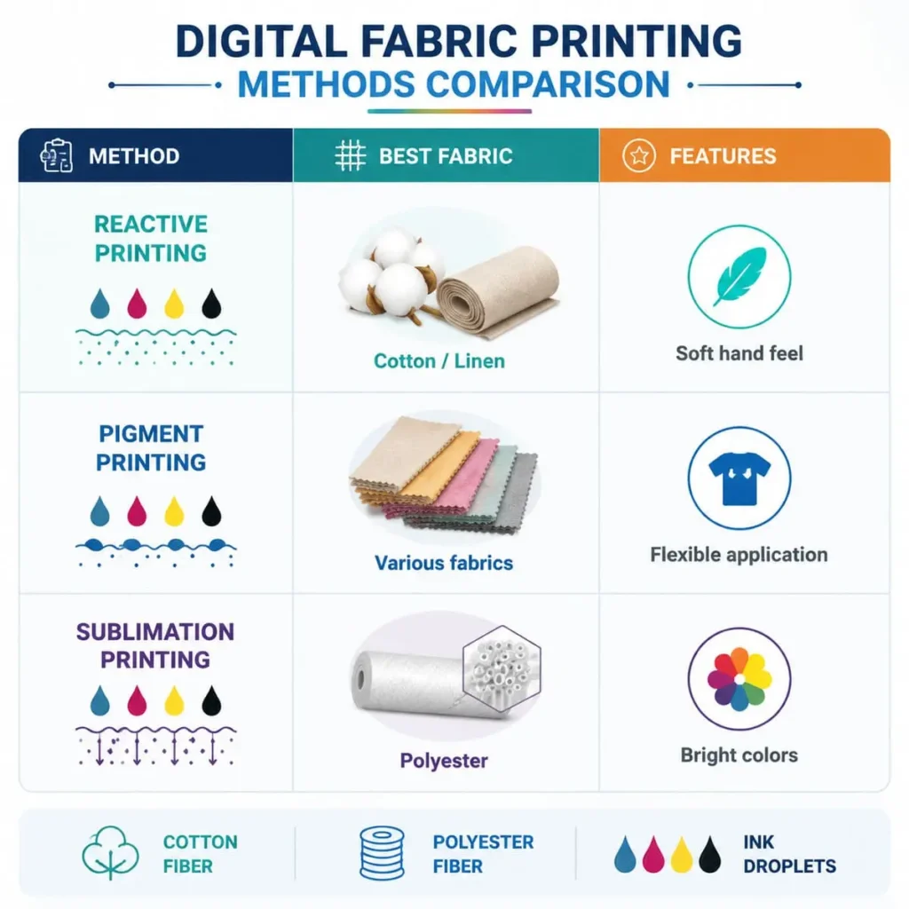 Comparison of digital fabric printing methods including reactive pigment and sublimation printing