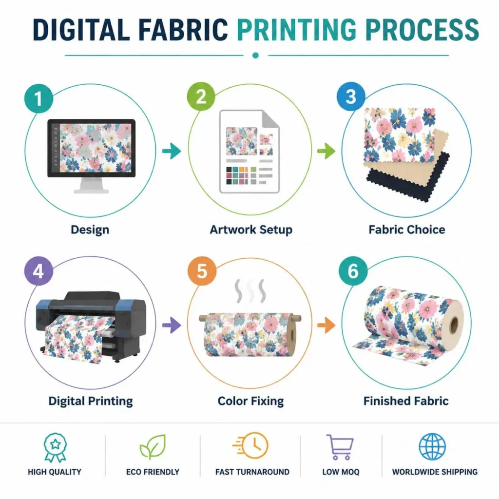 Digital textile printing process from artwork preparation to finished printed fabric