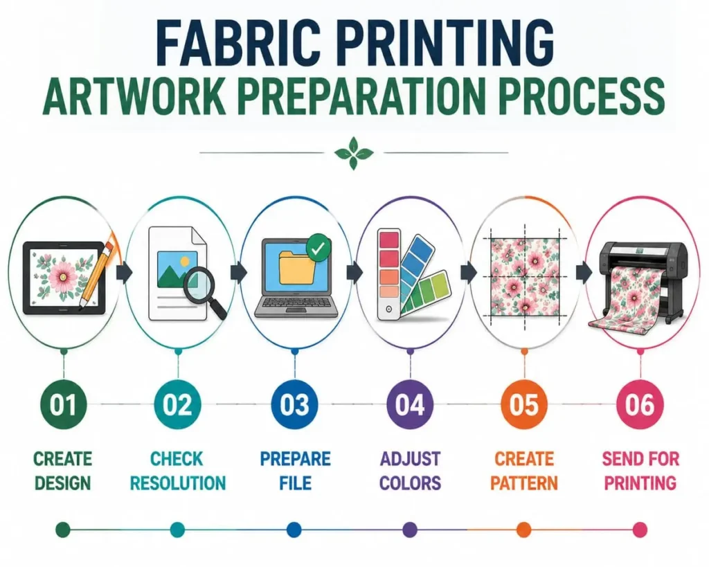 Artwork preparation process for fabric printing including design file resolution color and pattern setup