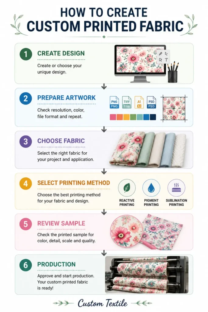 Steps to create custom printed fabric from design preparation to production