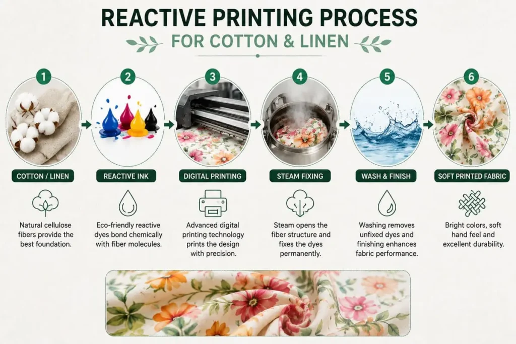 Reactive printing process for cotton and linen fabrics from digital printing to finished textile