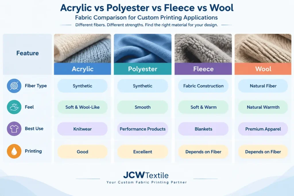 Comparison of acrylic polyester fleece and wool fabrics for custom textile printing applications