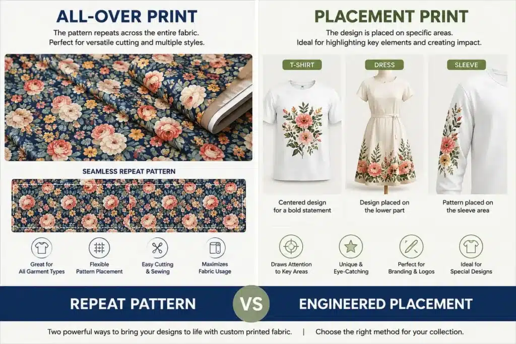 All-over print and placement print examples for custom fashion fabric