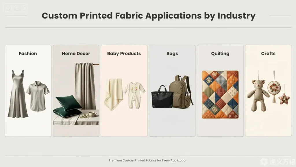 Custom printed fabric uses including fashion, home decor, baby products, bags, quilting, and crafts