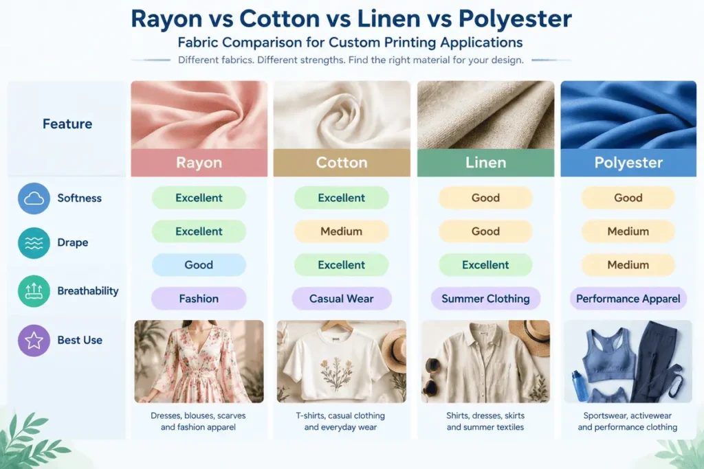 Comparison of rayon cotton linen and polyester fabrics for custom textile printing applications