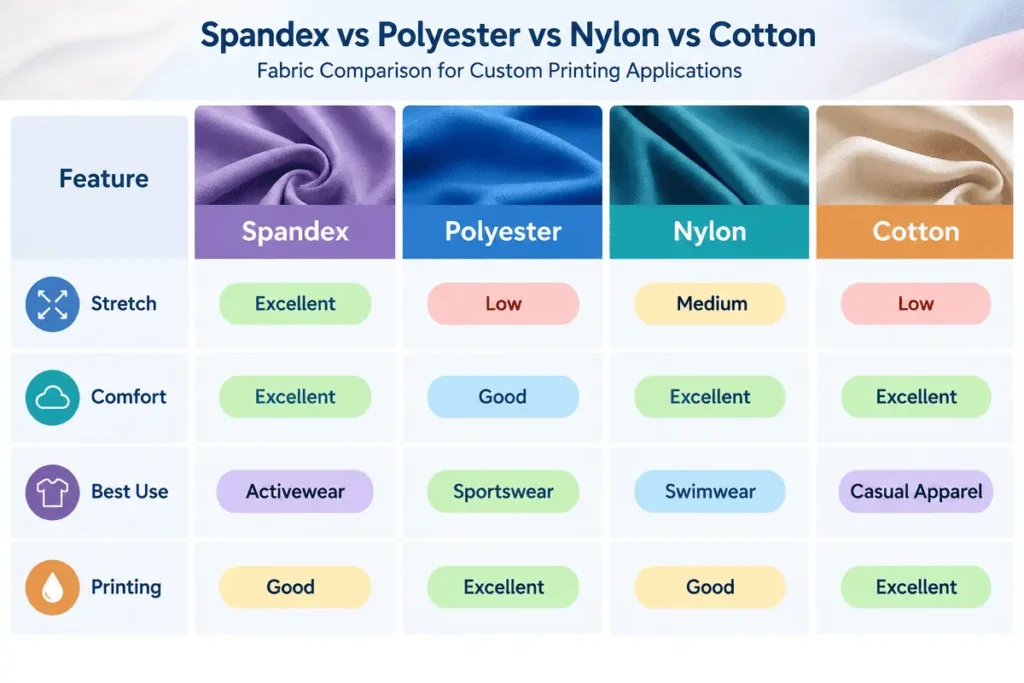 Comparison of spandex polyester nylon and cotton fabrics for custom textile printing applications