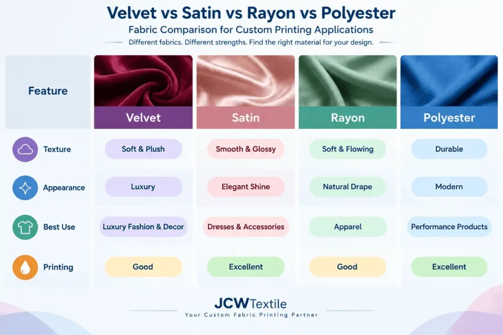 Comparison of velvet satin rayon and polyester fabrics for custom textile printing applications