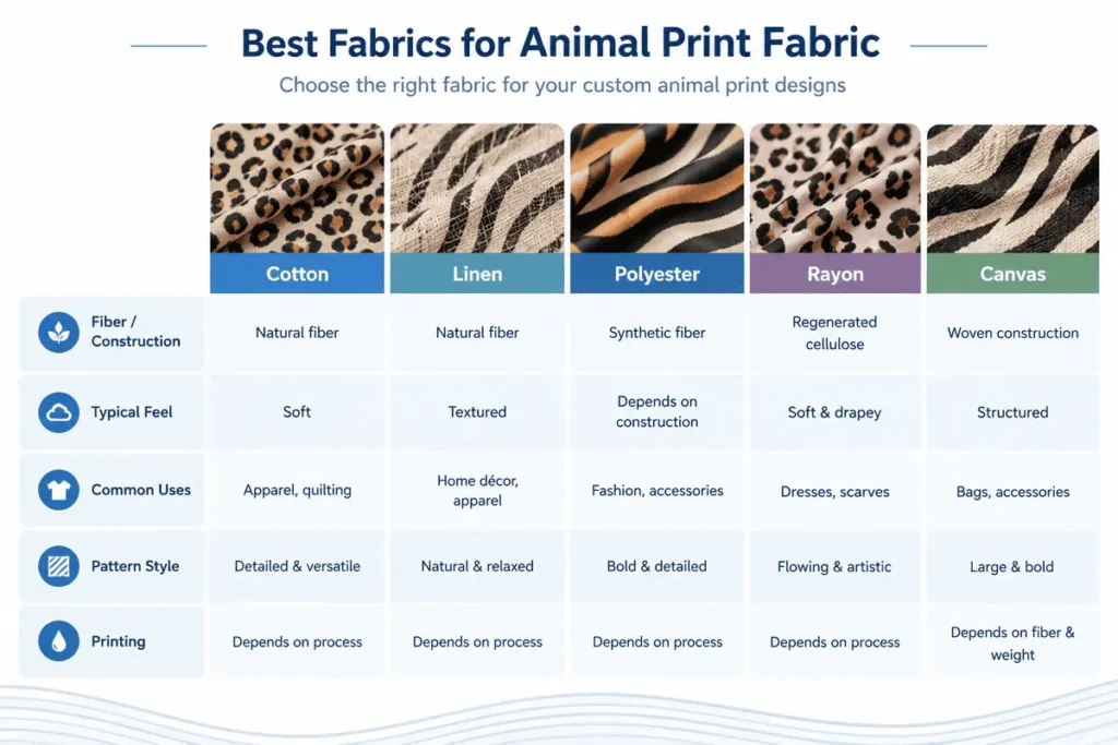 Comparison of cotton linen polyester rayon and canvas fabrics for custom animal print textiles