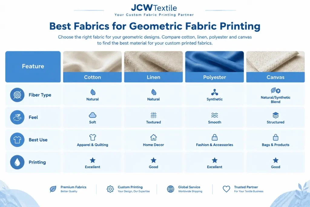 Comparison of cotton linen polyester and canvas fabrics for custom geometric printing
