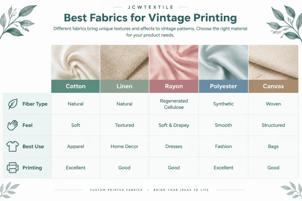 Comparison of cotton linen rayon polyester and canvas fabrics for vintage printing