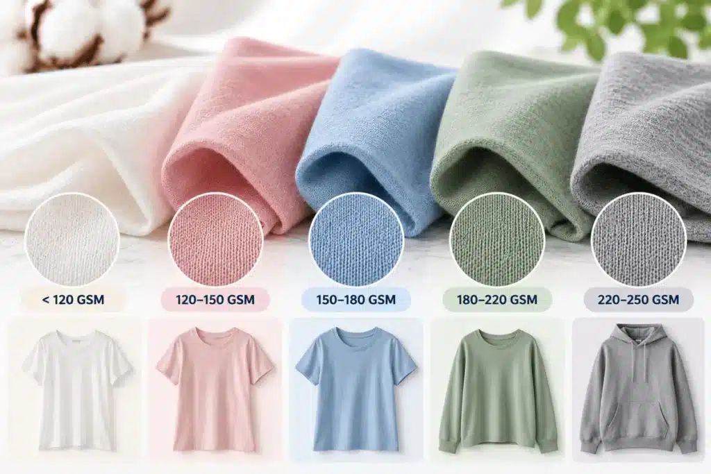 Cotton jersey fabric swatches comparing different GSM weights