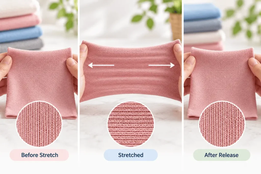 Cotton jersey fabric shown before and after stretching to illustrate recovery