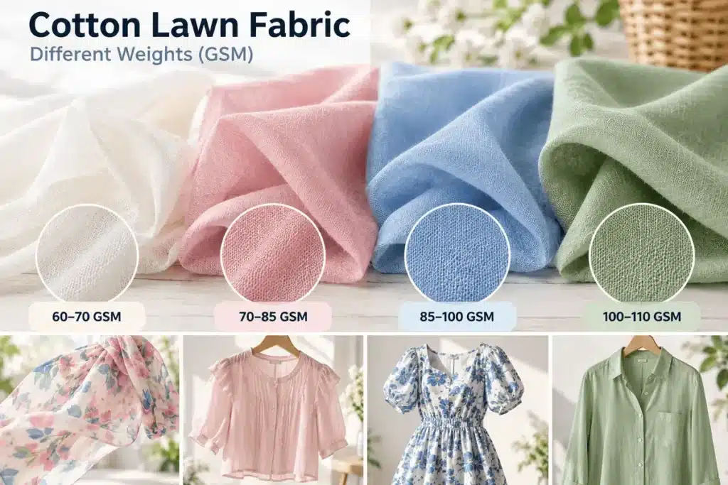 Cotton lawn fabric swatches illustrating lightweight GSM differences