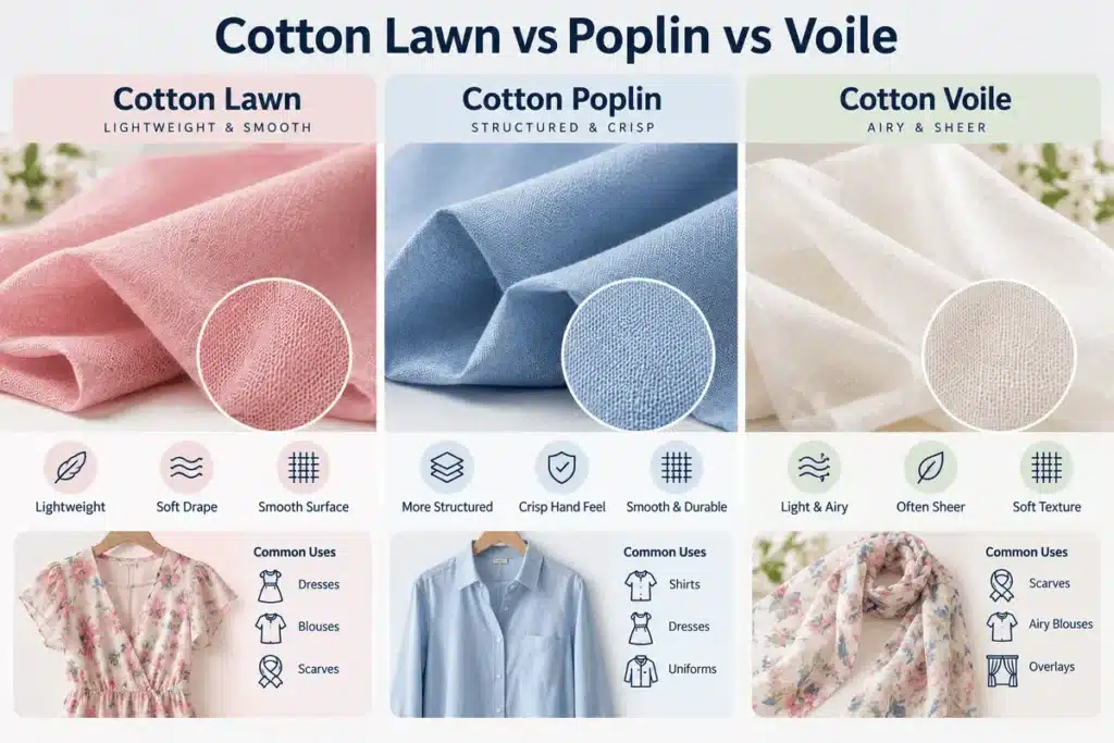 Comparison of cotton lawn, cotton poplin and cotton voile fabric textures
