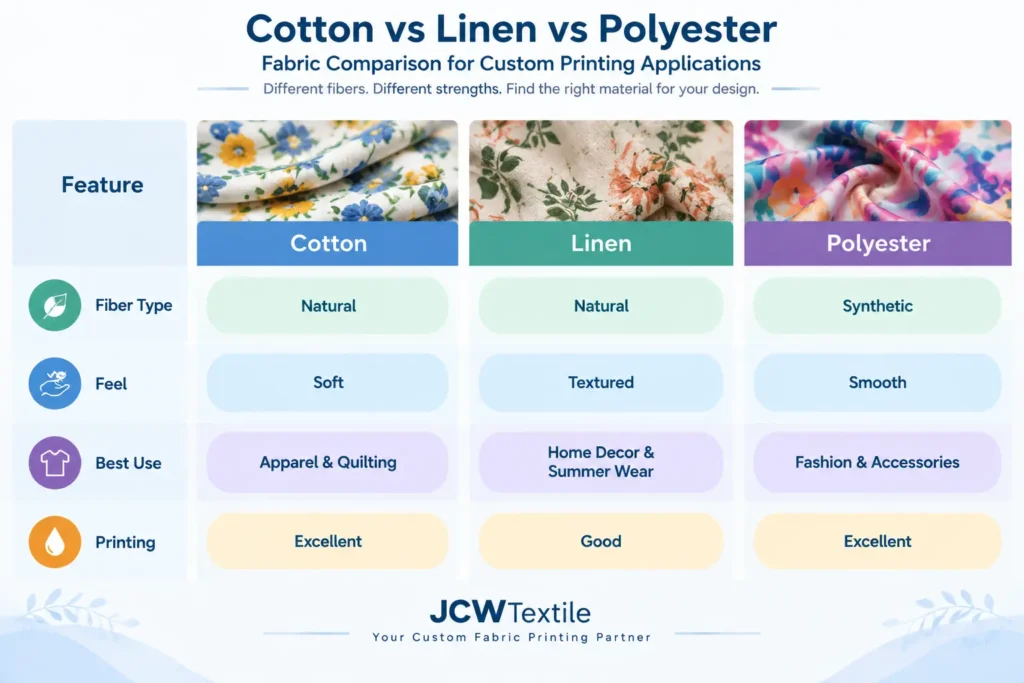 Comparison of cotton linen and polyester fabrics for custom floral printing applications