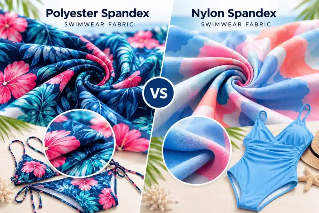 Polyester spandex vs nylon spandex swimwear fabric comparison showing printed textures, stretch characteristics and swimsuit applications