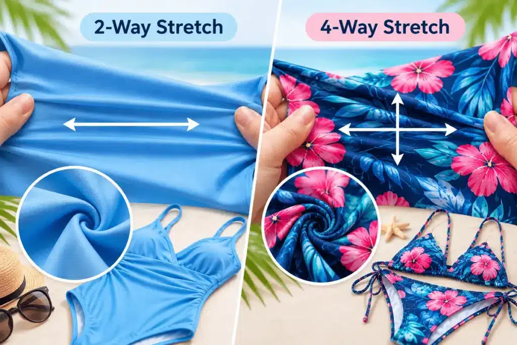 2-way vs 4-way stretch swimwear fabric comparison showing horizontal and multidirectional stretch in swimsuit materials