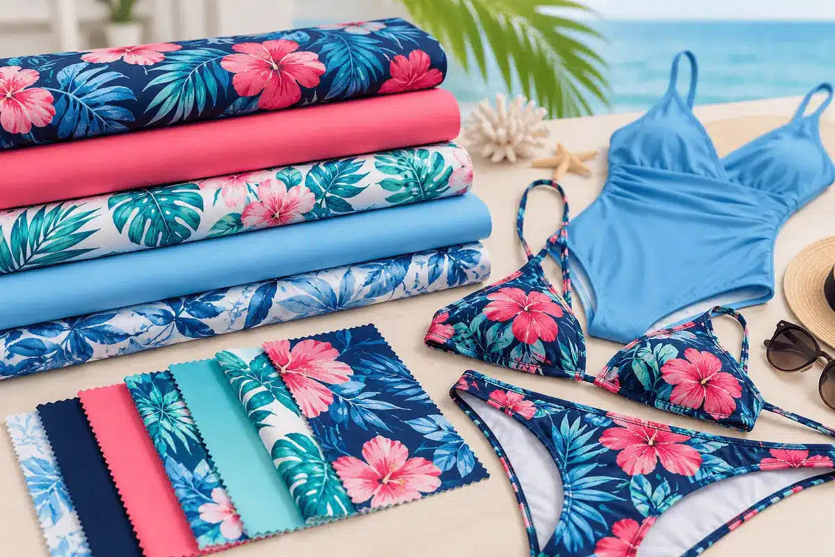 Colorful swimwear fabric by the yard with tropical printed swatches, bikini and one-piece swimsuit