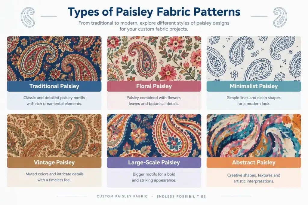 Types of paisley fabric patterns including traditional floral vintage minimalist and abstract designs